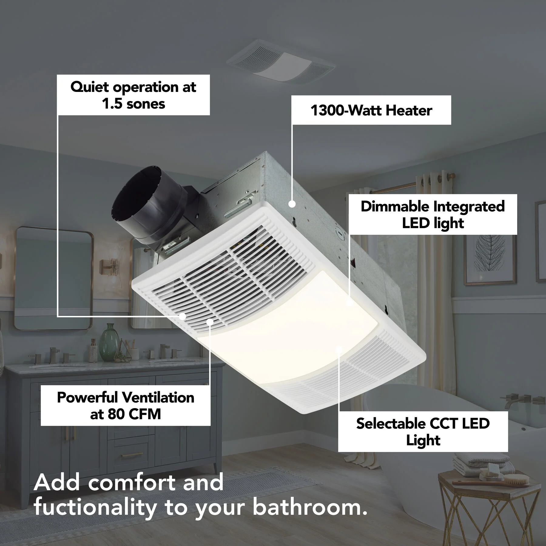 Broan® PowerHeat™ 80 CFM 1.5 Sones Heater Exhaust Fan with CCT LED Lighting - Image 2