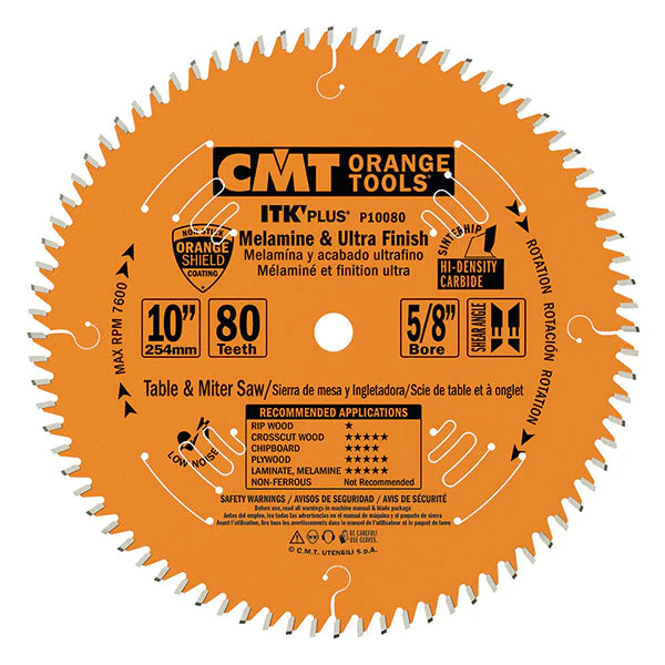 CMT P10080 5/8" Bore ITK Melamine & Ultra Finish Saw Blade, 10" x 80 Teeth