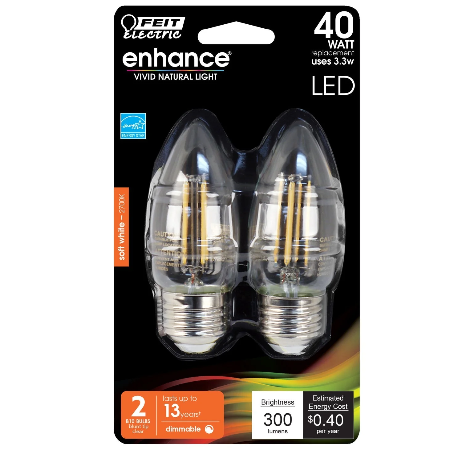 Feit Electric 40W Replacement B10 Dimmable Soft White Decorative LED Filament Enhance (2-Pack) - Image 2