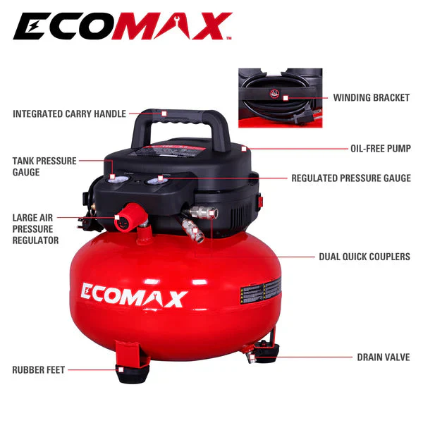 Ecomax 6 Gal 1.0 HP Pancake Air Compressor - Image 2