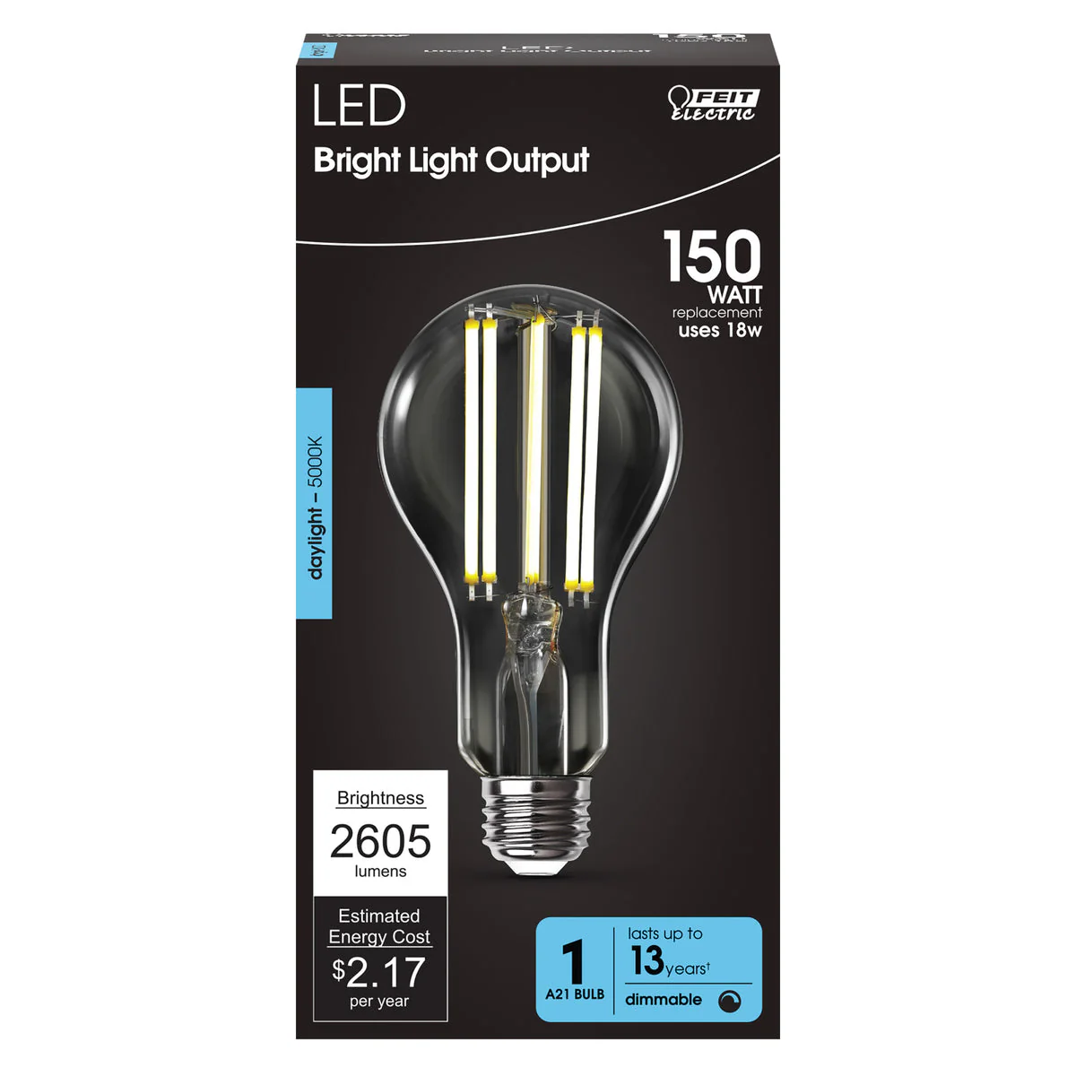 Feit Electric 18W (150 W Replacement) Daylight (5000K) A21 E26 Base Dimmable Bright Light Output LED Filament Light Bulb - Image 2