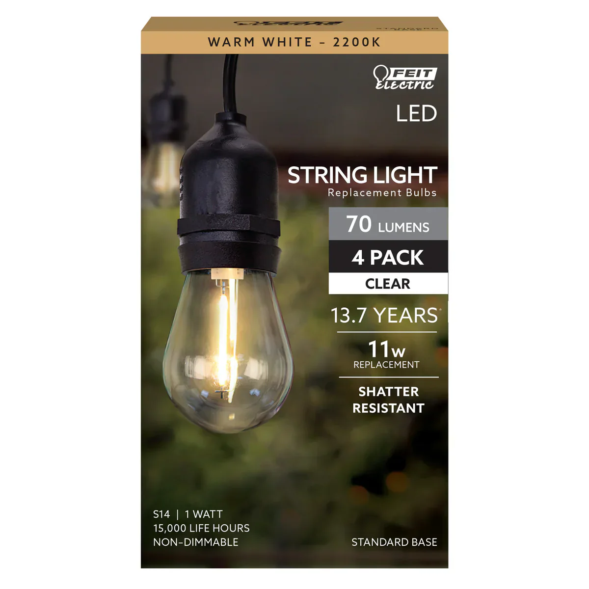 Feit Electric 1W (11W Replacement) Warm White (2200K) E26 Base S14 Filament LED String Light Bulb Replacement - Image 2