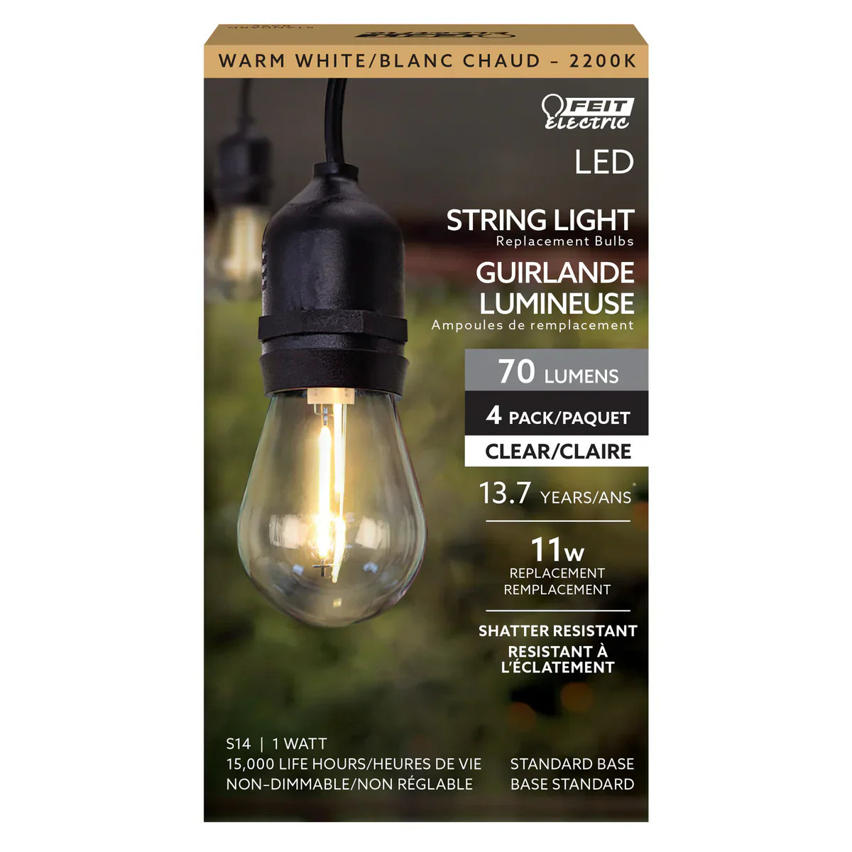 Feit Electric 1W (11W Replacement) Warm White (2200K) E26 Base S14 Filament LED String Light Bulb Replacement - Image 3
