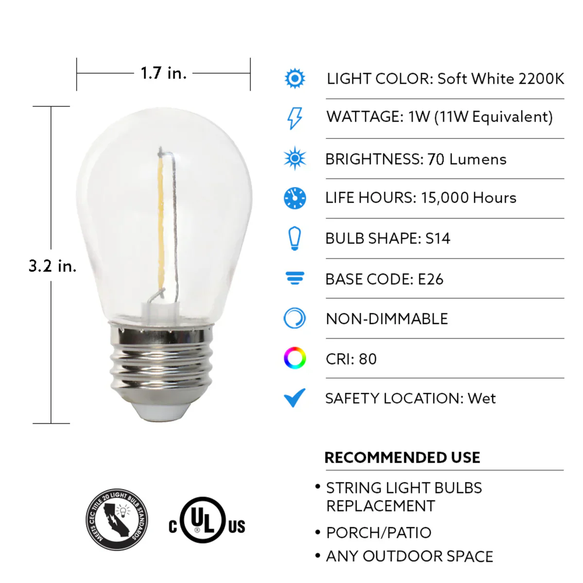 Feit Electric 1W (11W Replacement) Warm White (2200K) E26 Base S14 Filament LED String Light Bulb Replacement - Image 5