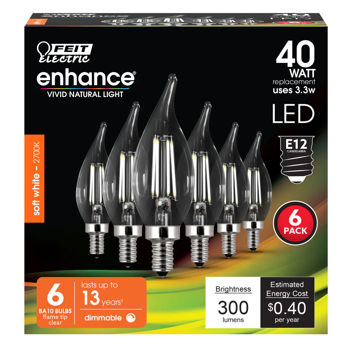 Feit Electric 3.3W (40W Replacement) Soft White (2700K) BA10 Dimmable Enhance LED Filament Bulb - Image 2