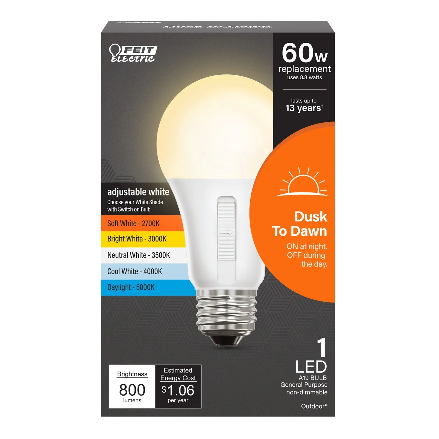 Feit Electric 8.8W (60W Replacement) Adjustable White Dusk to Dawn Outdoor LED Bulb - Image 3