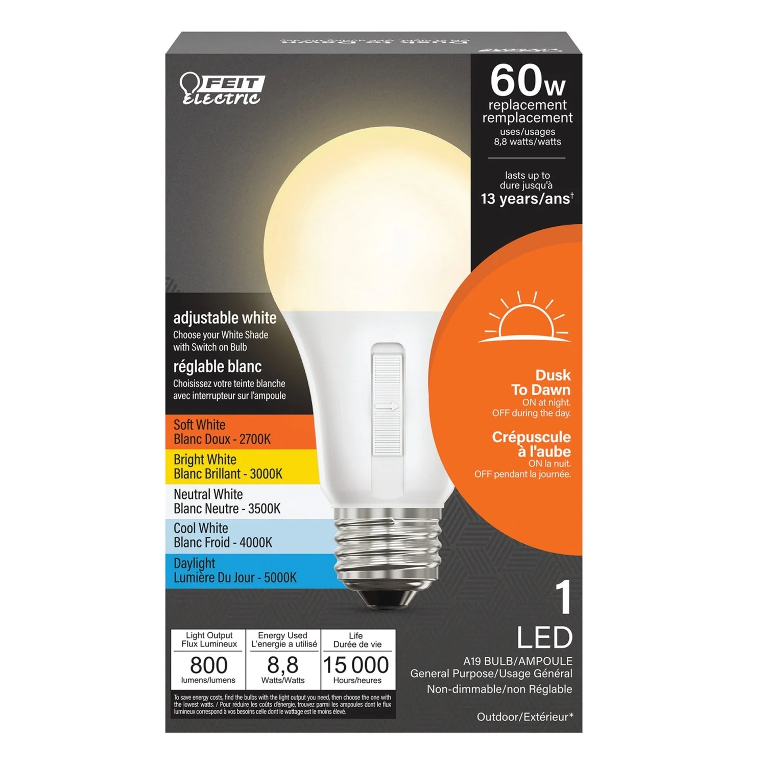 Feit Electric 8.8W (60W Replacement) Adjustable White Dusk to Dawn Outdoor LED Bulb - Image 4