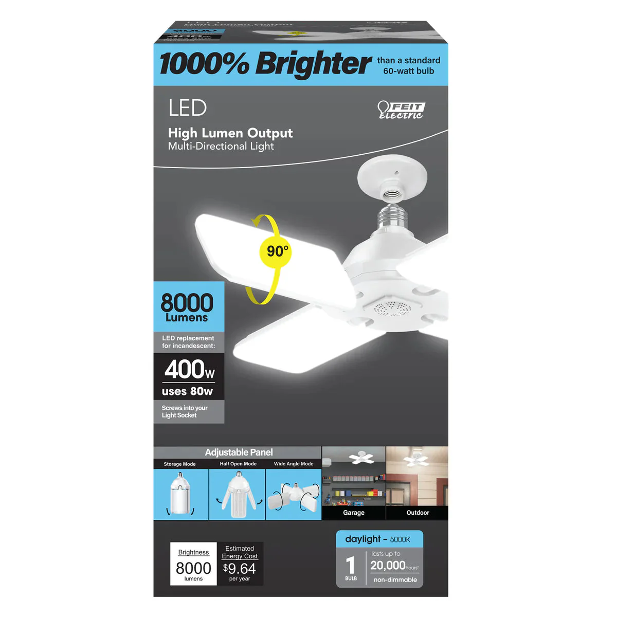 Feit Electric 80W (400W Replacement) Foldable LED High Output Multi-Directional Panel Garage Light - Image 2