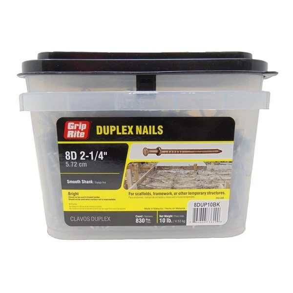 Grip-Rite 8D 2-1/4" Smooth Shank Bright Finish Bulk Duplex Nails 830 count, 10lbs.