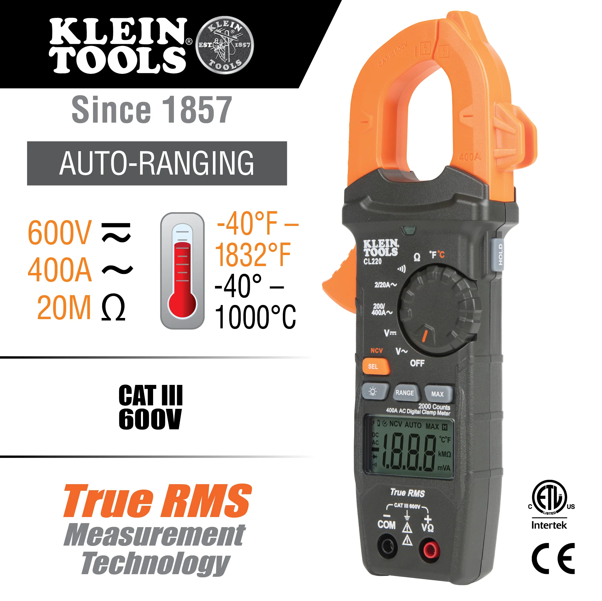Klein Tools Digital Clamp Meter, AC Auto-Ranging 400 Amp with Temp - Image 2