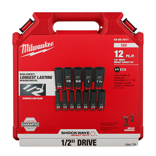 Milwaukee 12PCSHOCKWAVE Impact Duty™ 1/2" Drive SAE Deep 6 Point Socket Set