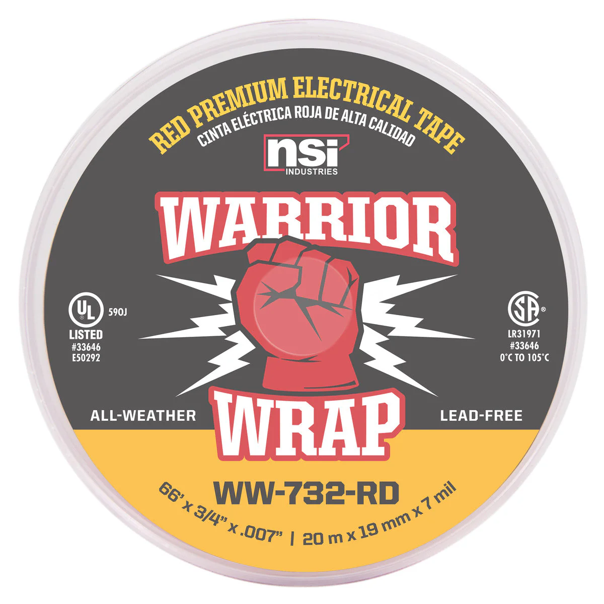 NSI Industries WW-732-RD WarriorWrap Premium Medium 3/4 in. x 66 ft. 7 mil Vinyl Electrical Tape, Red - Image 2