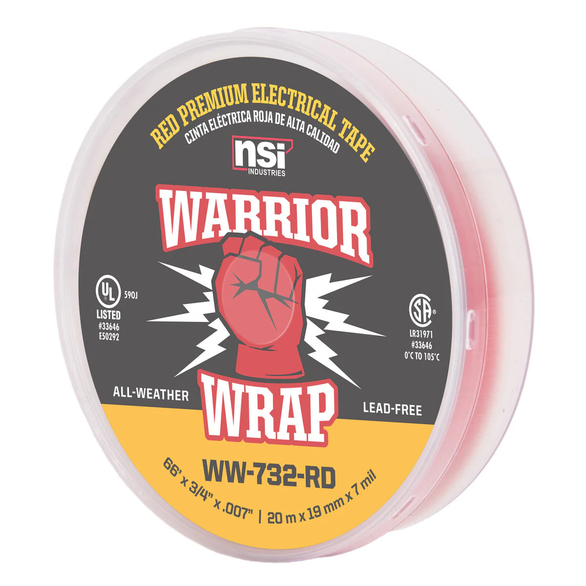 NSI Industries WW-732-RD WarriorWrap Premium Medium 3/4 in. x 66 ft. 7 mil Vinyl Electrical Tape, Red - Image 7