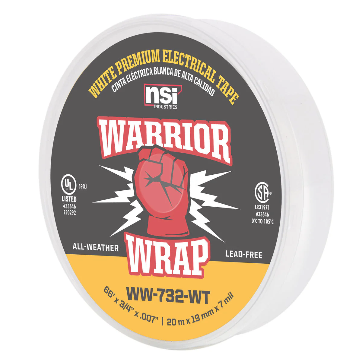 NSI Industries WW-732-WT WarriorWrap Premium Medium 3/4 in. x 66 ft. 7 mil Vinyl Electrical Tape, White