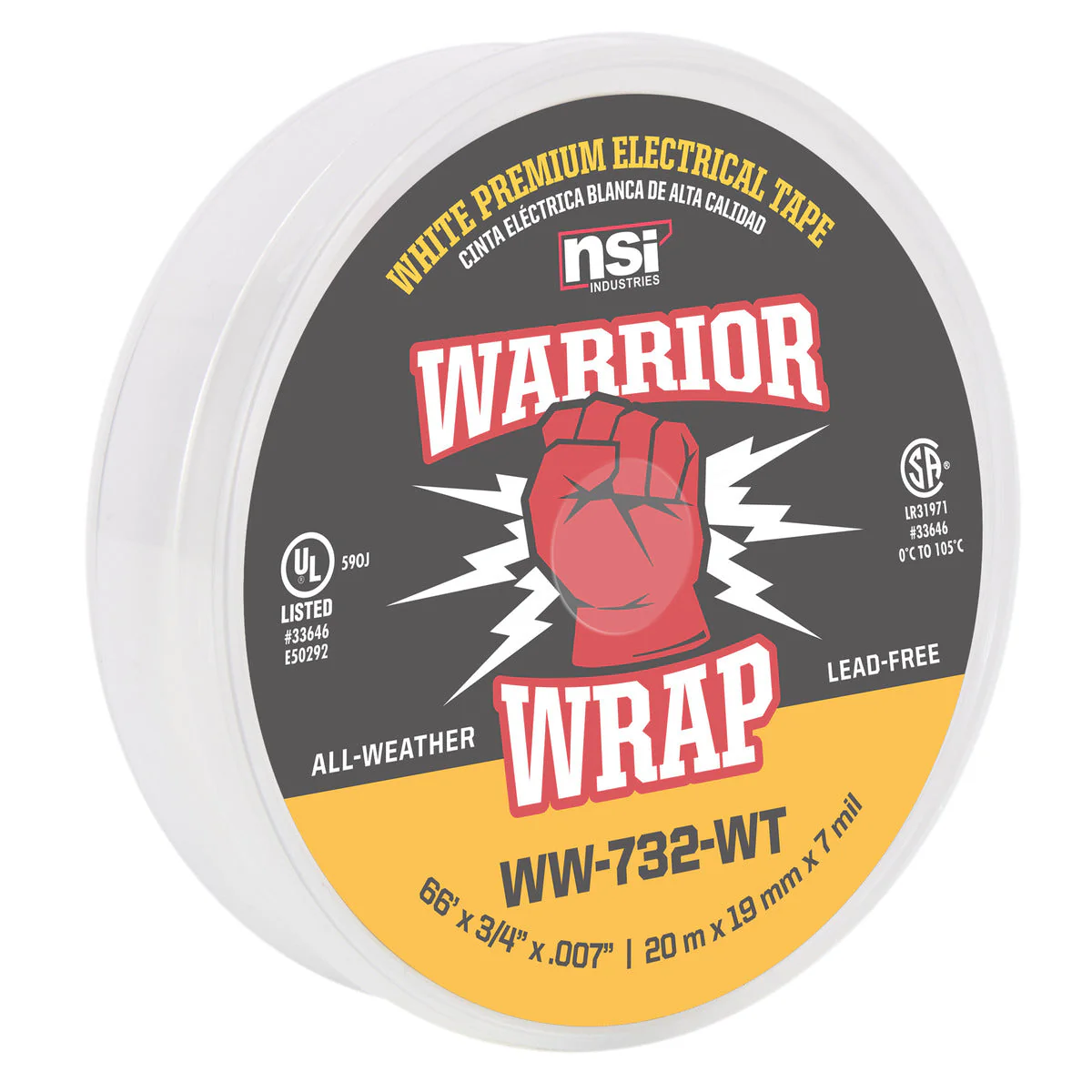 NSI Industries WW-732-WT WarriorWrap Premium Medium 3/4 in. x 66 ft. 7 mil Vinyl Electrical Tape, White - Image 6