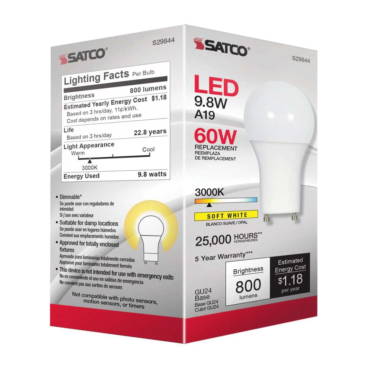 Satco Lighting S29844 Single 9.8 Watt Dimmable A19 GU24 LED Bulb - Image 2