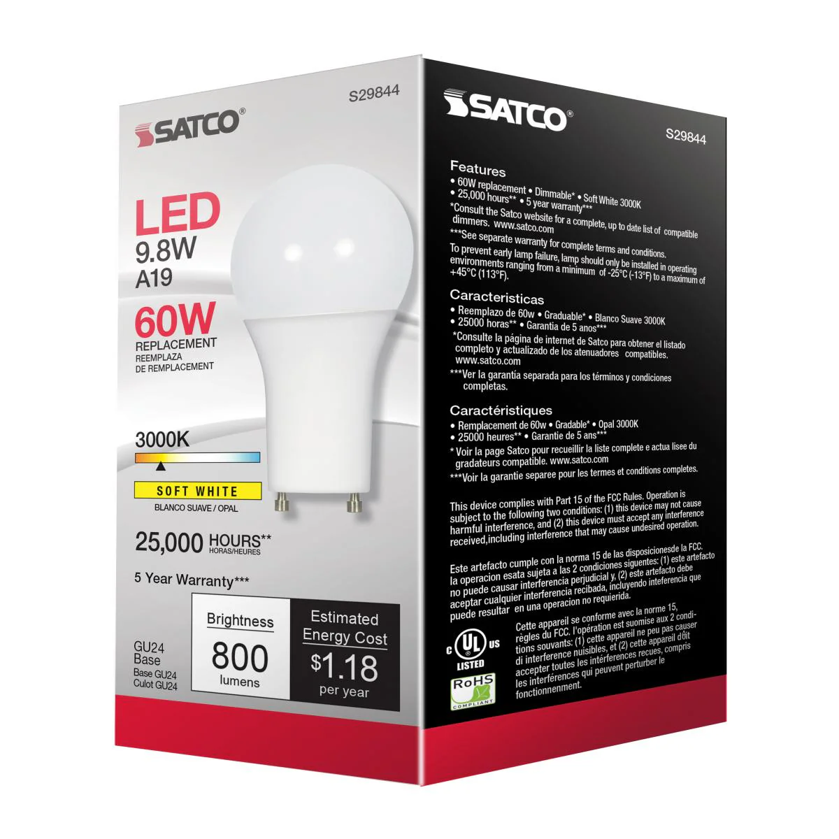 Satco Lighting S29844 Single 9.8 Watt Dimmable A19 GU24 LED Bulb - Image 3