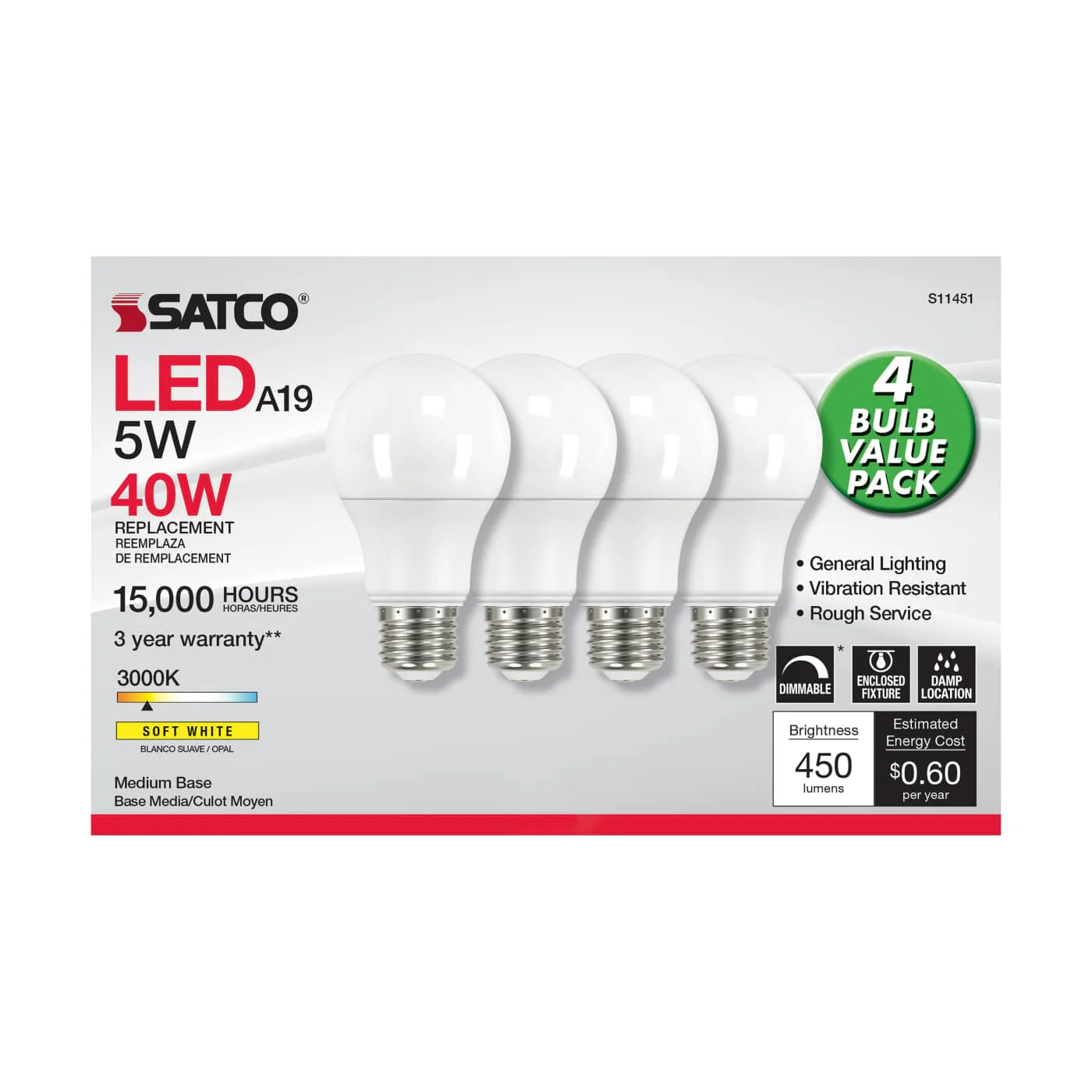 Satco S11451 5A19/LED/830/120V/D/4PK - Image 2