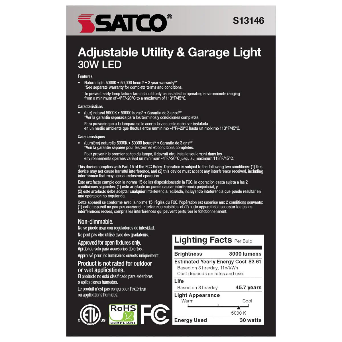 Satco S13146 30W/LED/UTL/MB/5000K LED Garage Utility Light - Image 2