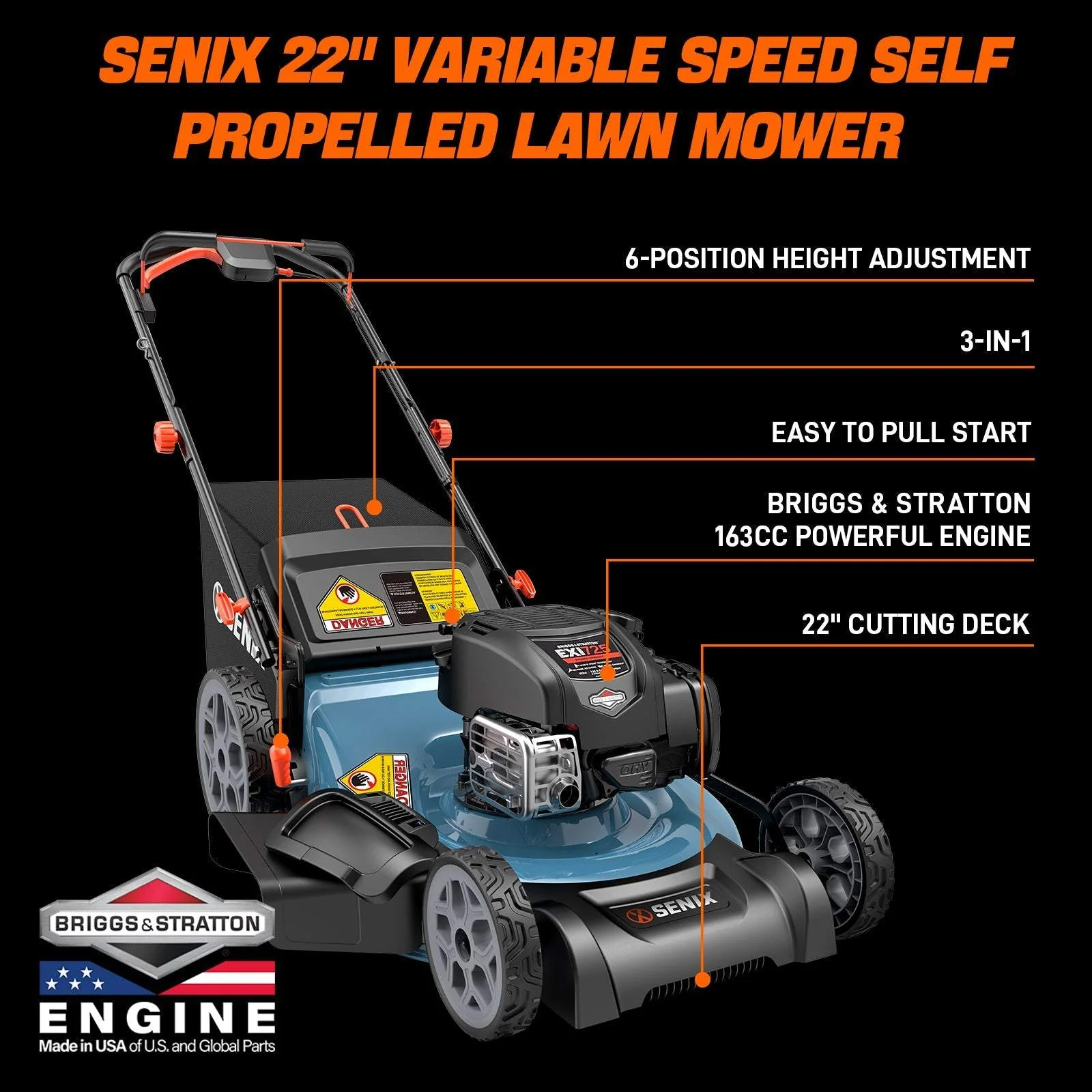 Senix 22" 163cc Gas Self-Propelled Lawn Mower, 3-in-1 - Image 2
