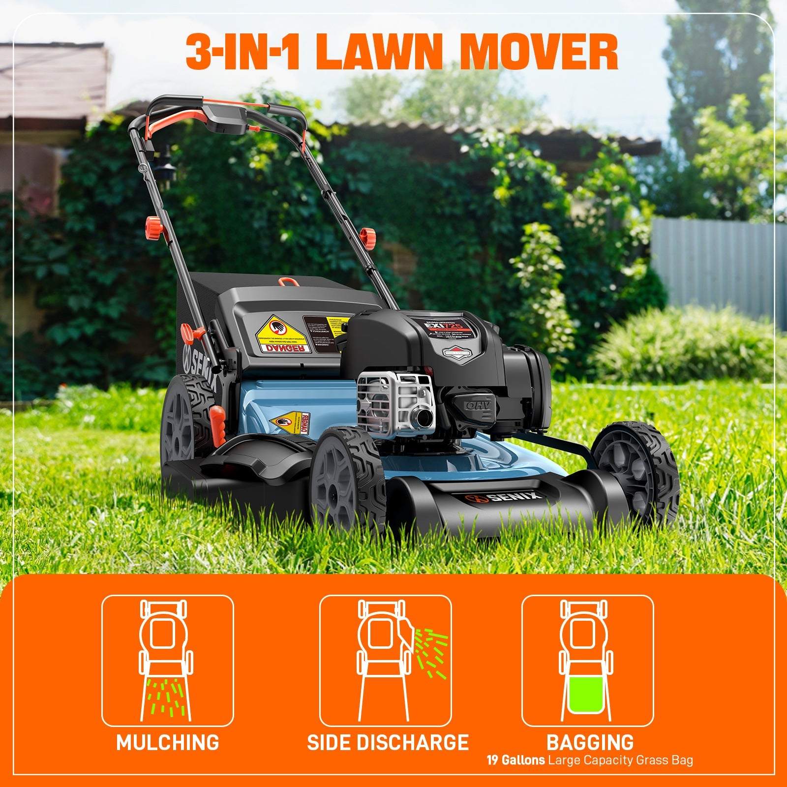 Senix 22" 163cc Gas Self-Propelled Lawn Mower, 3-in-1 - Image 4