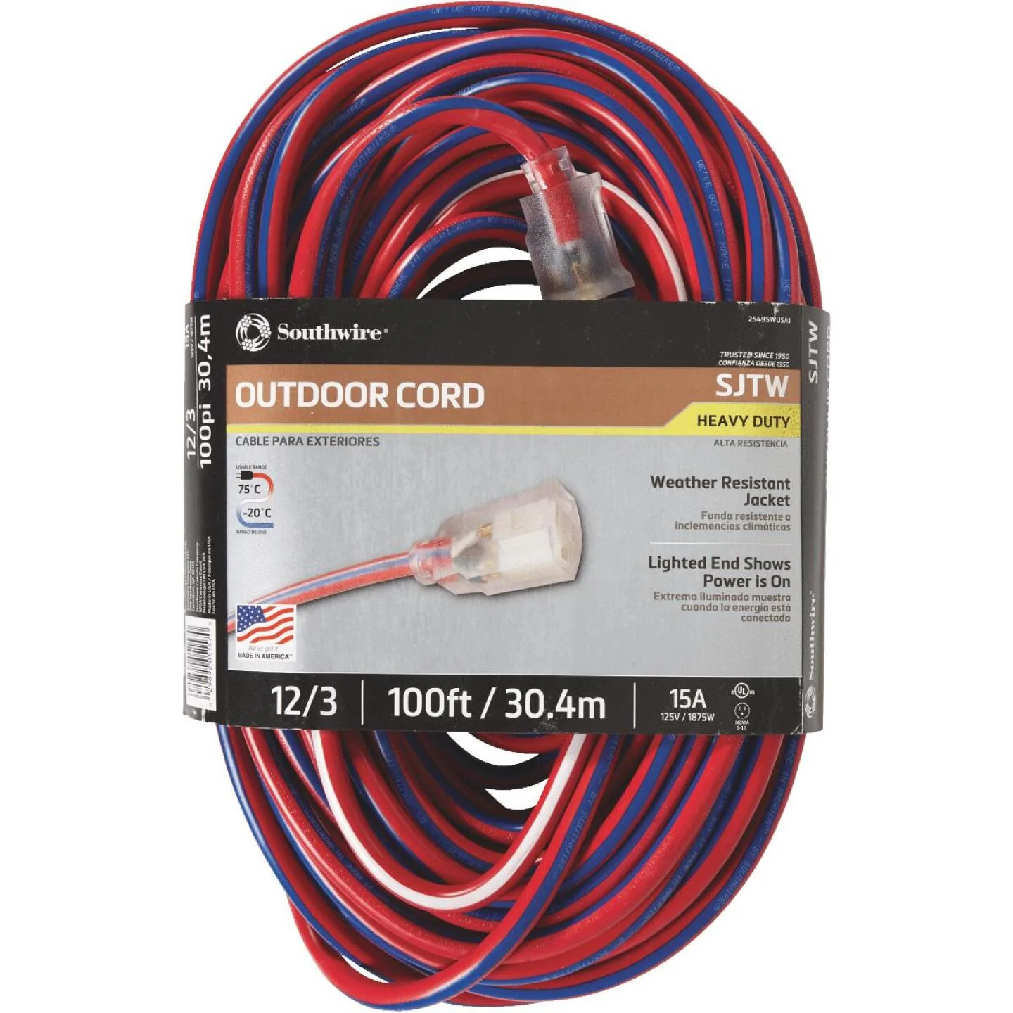 Southwire 100 Ft. 12/3 Indoor/Outdoor Red, White, & Blue Striped Patriotic Extension Cord