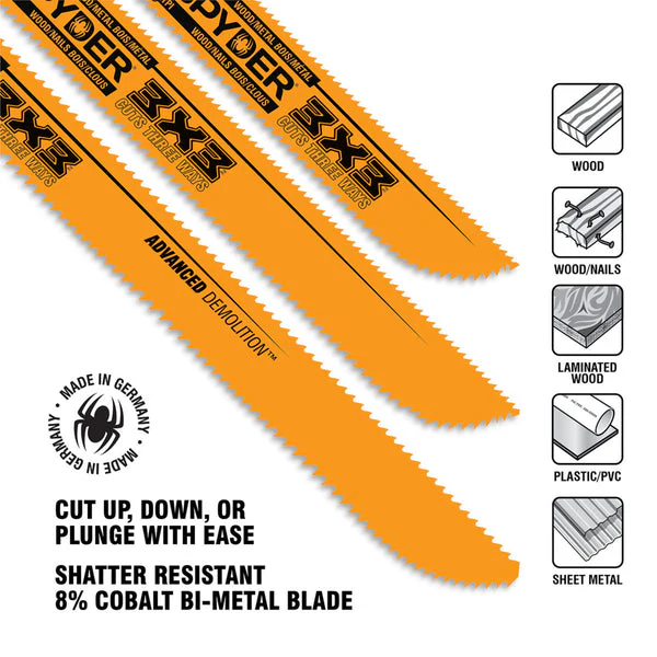 Spyder Double-Sided 8" Wood/Metal Cutting 6/10-TPI Reciprocating Saw Blade 3X3™ - Image 3