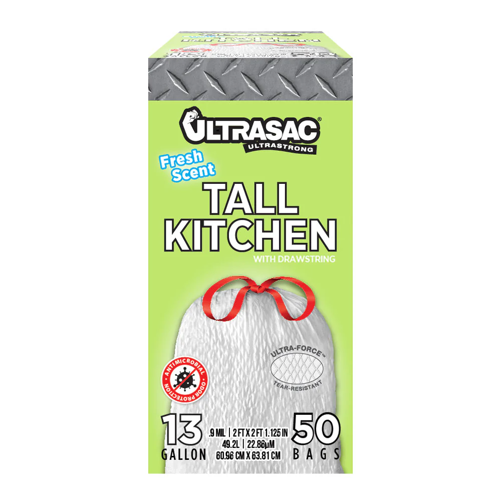 Ultrasac 13 Gallon 0.9 MIL Fresh Scent White Drawstring Tall Kitchen Trash Bags, - 24" X 25"
