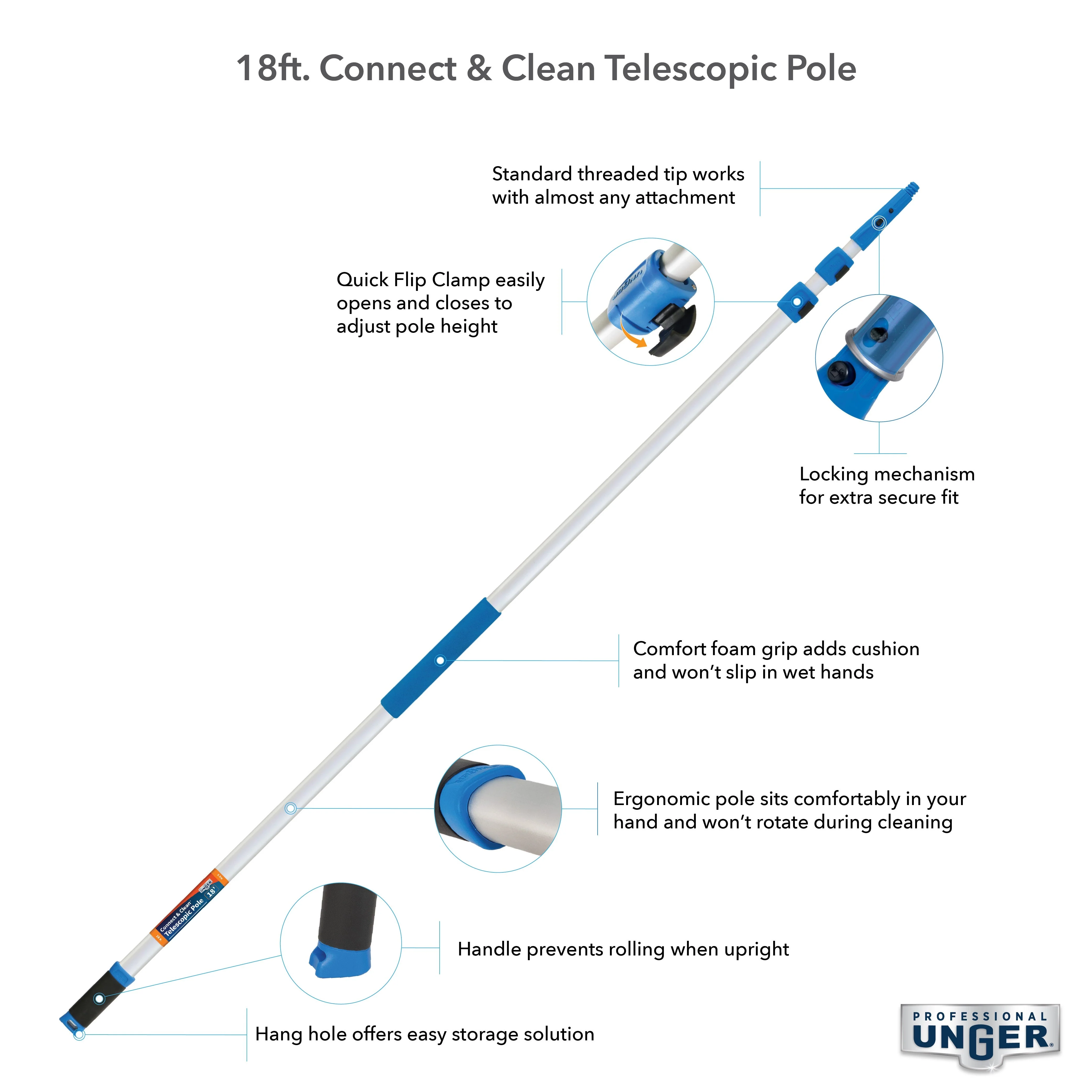 Unger Aluminum Telescopic Pole w/ Connect & Clean Locking Cone and Quick-Flip Clamps - Image 2