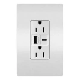 USB Charger Wall Plate With Duplex Outlet, Type A/C, White, 6.0A, 15-Amp